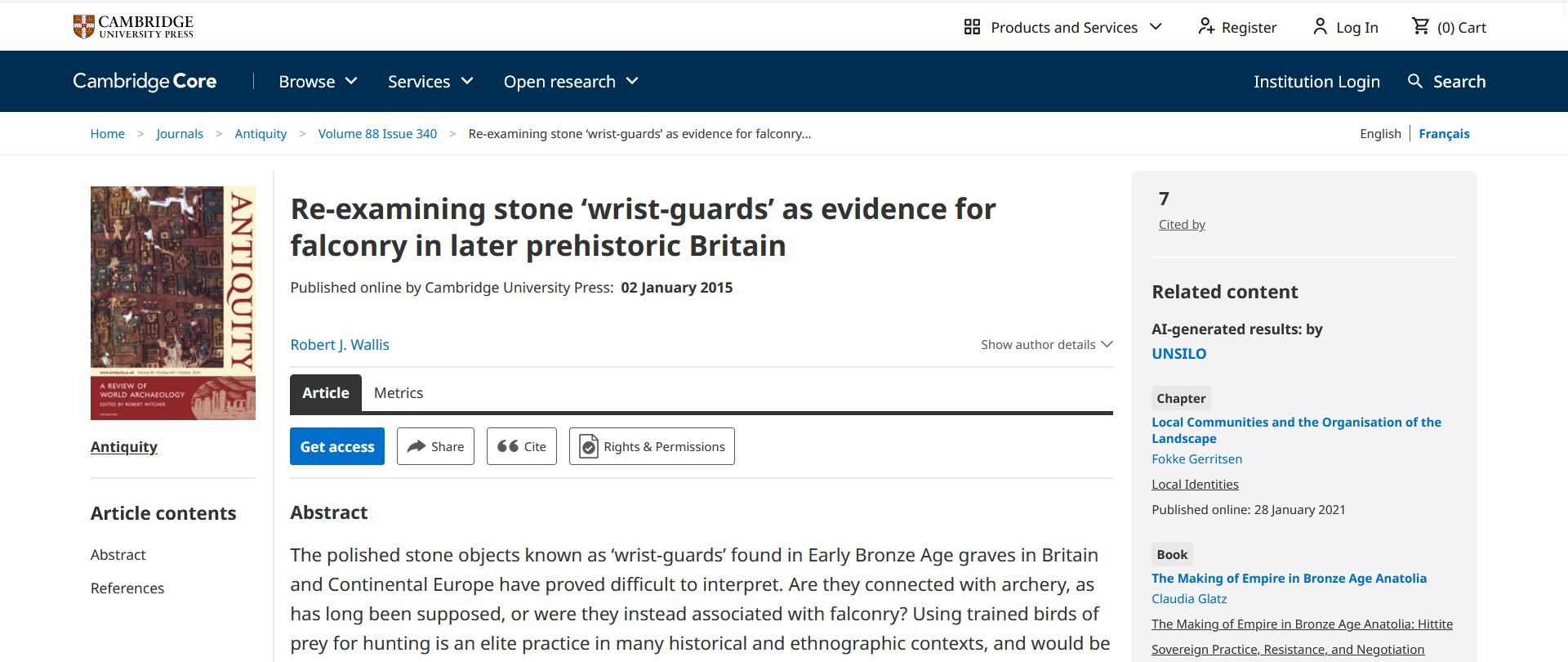 Wallis R.J. Re-examining stone "wrist-guards" as evidence for falconry in later prehistoric Brit