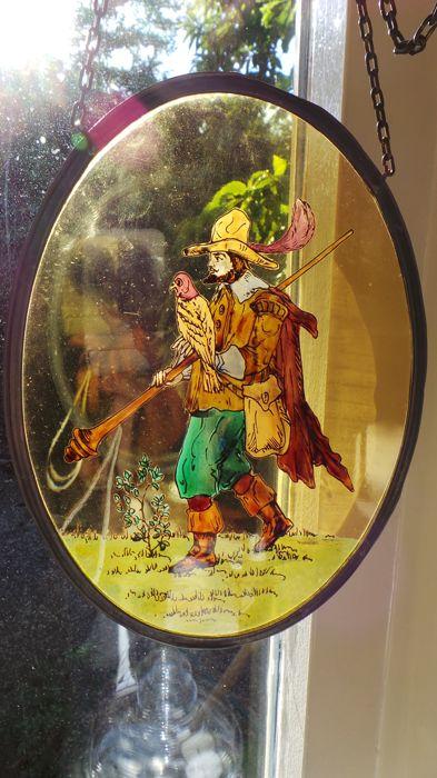 16. Falconry Antique stained glass suncatcher with hand-painted Falconer and hooded Falcon, 19th ce