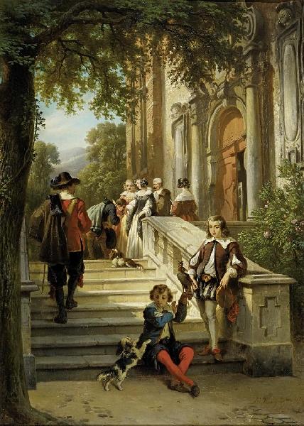 Return to the castle after the falcon hunt by Jan Michiel Ruyten (1813-1881) made in 1857