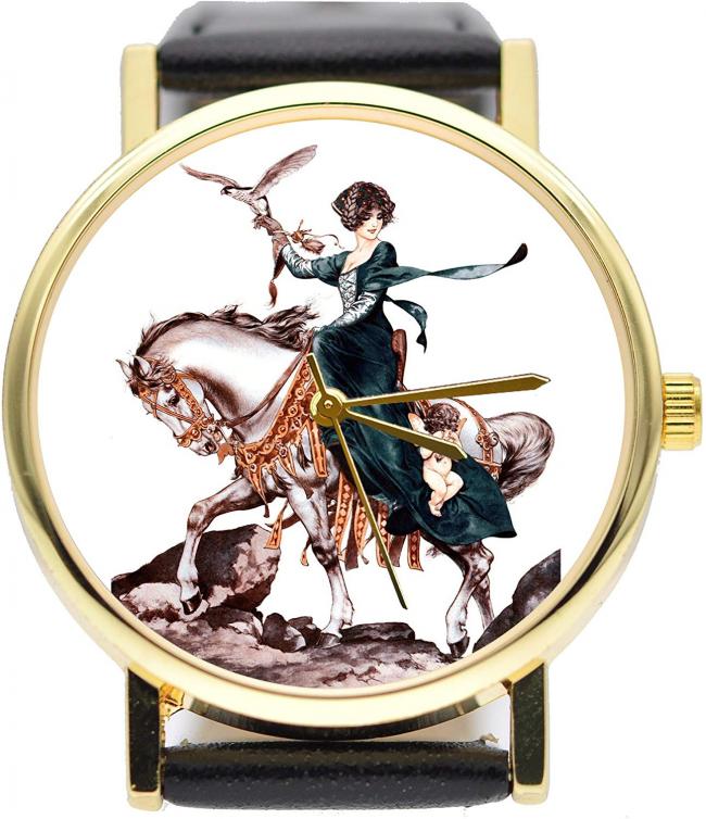 Woman Falconer on Horse Catches Cupid Watch Vintage Style Watch (Black)