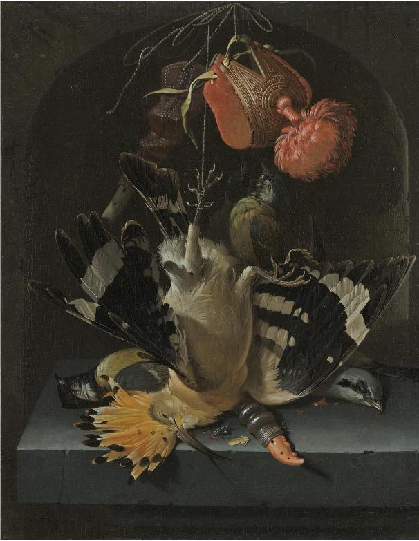 Abraham Mignon - Still life with a hoopoe, a great tit, a falconry hood and a decoy whistle all arra