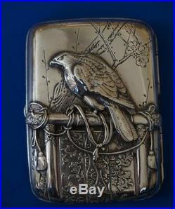 Unusual Chinese Japanese Sterling Card Cigarette Case w FALCON & DRAGON Falconry