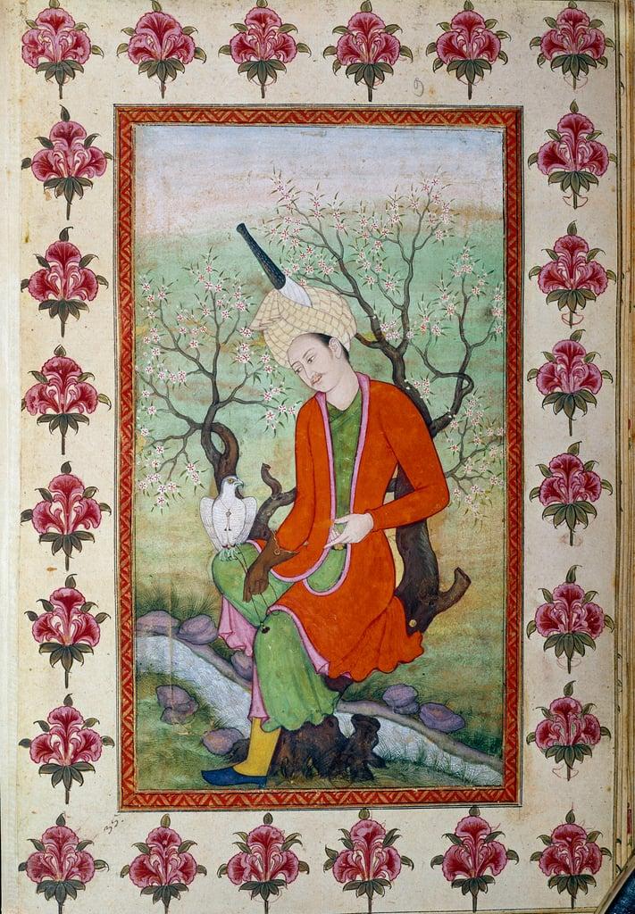 Prince resting while hunting with a hawk. Persian miniature 
