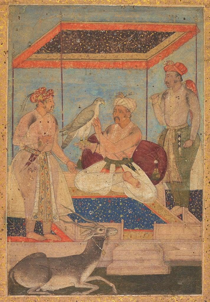Akbar and Jahangir Examine a Ghir Falcon while Prince Khusrau Stands Behind, c. 1602-1604. 