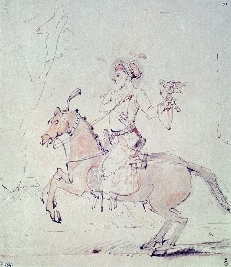 Shah Jehan with falcon on horseback (pen und ink and wc on paper) by Rembrandt van Rijn (1606-1669)