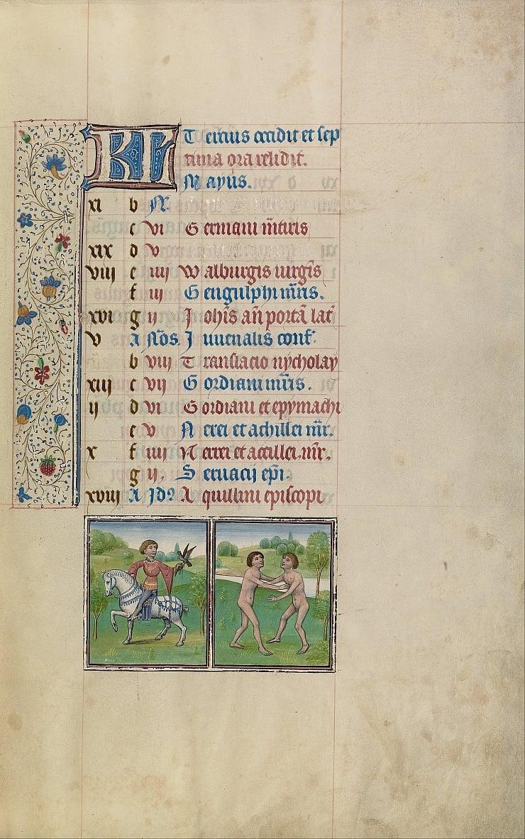 A Man Hawking; Zodiacal Sign of Gemini -  Workshop of Willem Vrelant