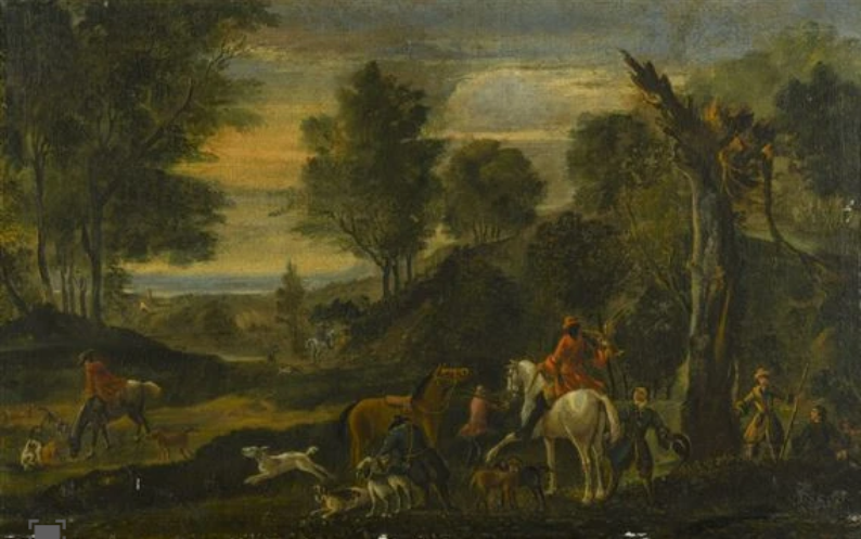 A hunting party with a falconer on a grey horse and hounds By Anglo-Dutch School, 17th Century